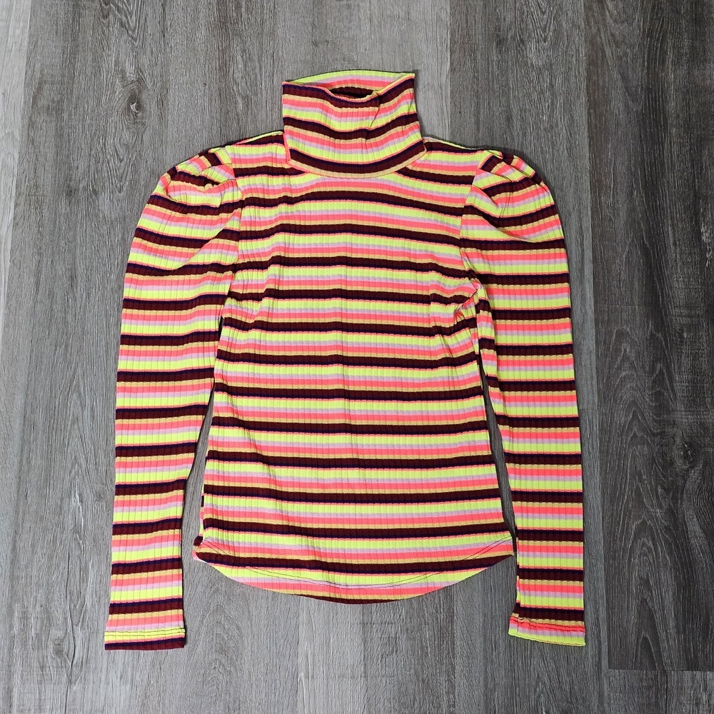 Maeve ANTHROPOLOGIE Puff-Sleeved Striped Turtleneck Sweater Neon Yellow Medium